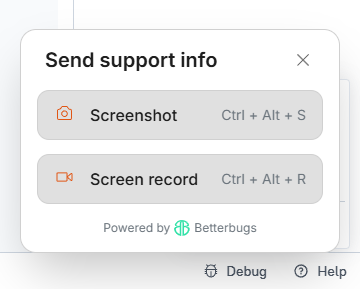Send support info widget with screenshot and screen recording options